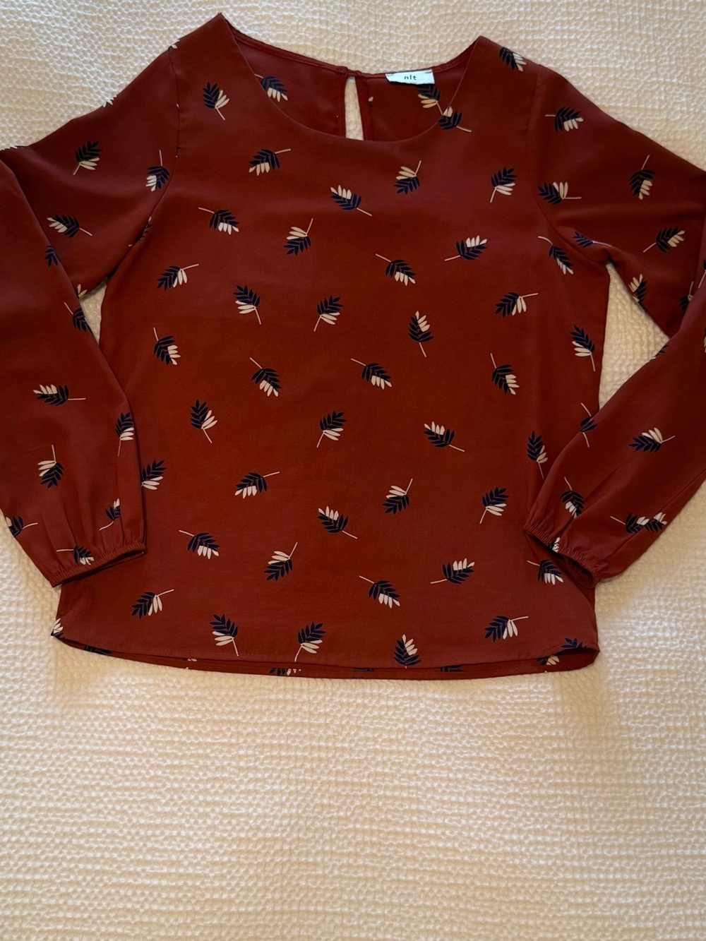 Women's Rust Leaf Print Long Sleeve Blouse | XS Petite
